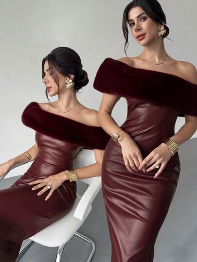 Firerie Vestido elegante casual de mujer con cuello de piel sintética y ajuste ceñido, vestido rojo Ankara/burdeos, vestido de otoño e invierno para mujer, vestido de fiesta de Navidad/Año Nuevo, atuendo de Acción de Gracias para mujer, vestidos elegantes para fiesta, vestido sexy, vestido rojo para mujer, ropa cómoda de otoño e invierno para mujer