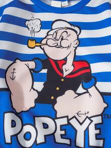 Popeye X SHEIN Kleine Jungen Retro Cartoon Figur Grafik blau & weiß gestreifter Loose Fit Oversized Crew Neck Sweatshirt, Herbst/Winter