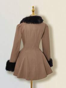 SHEIN ICON 女士毛绒拼接双排扣长袖外套，秋冬款 - 棕色 - 查看 9