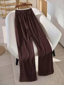 SHEIN Franclia Women's Striped Digital Print Woven Fabric, Casual Loose Fit, Versatile And Fashionable For Daily Wear Pants Wide Leg Striped Pants White Striped Pants Brown Striped Pants Palazzo Pants Women - Brown - View 2