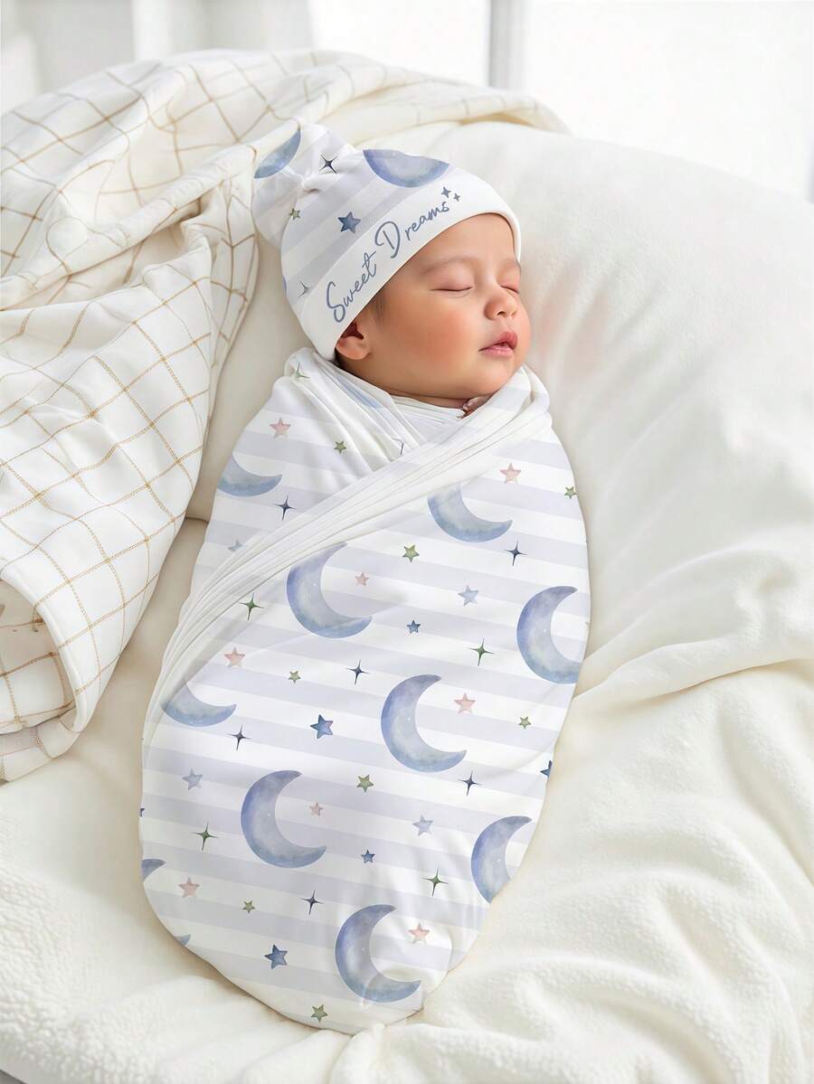 SHEIN 2 件装新生儿摄影裹布帽套装，月亮印花婴儿襁褓 - 彩色 - 查看 1