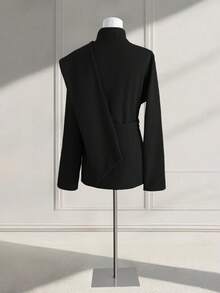 GlowEve 女士灰色优雅廓形抽绳金属蘑菇扣收腰斗篷外套，百搭 - 黑色 - 查看 2