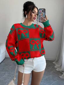 Selianne 2024 Crew Neck Stylish Plaid Patchwork 3D Bow Knitted Sweater Christmas Sweaters For Women Christmas Clothes Sweater Top Jumper For Woman Knit Tops