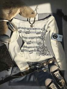 Rina Fox Women's Retro Off-The-Shoulder Top With Long Sleeves And Musical Note Print Slim Fit T-Shirt, Fashion , Vintage Y2k, Textured Fabric, Sister Gift, Back-To-School Clothing, Holiday Gift