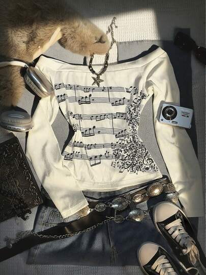 Glimmora Women's Retro Off-The-Shoulder Top With Long Sleeves And Musical Note Print Slim Fit T-Shirt, Fashion , Vintage Y2k, Textured Fabric, Sister Gift, Back-To-School Clothing, Holiday Gift