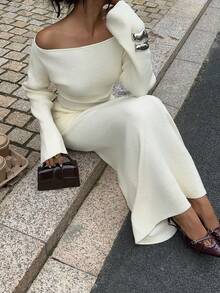 SHEIN EZwear Women Elegant Cream White Off Shoulder Sweater & Long Skirt Two Pieces Outfit,Autumn Tea Party Winter Clothes,Christmas New Year Party Outfits - White - View 3