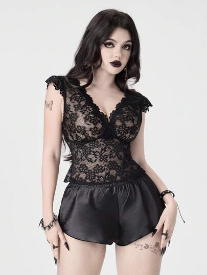 ROMWE Avant Sexy Lace Sheer Satin Women's Sleepwear Set