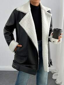 EURMUSE Faux Leather Jacket With Oversized Shearling Collar And Zip Details For Cozy Street Style - Black - View 3