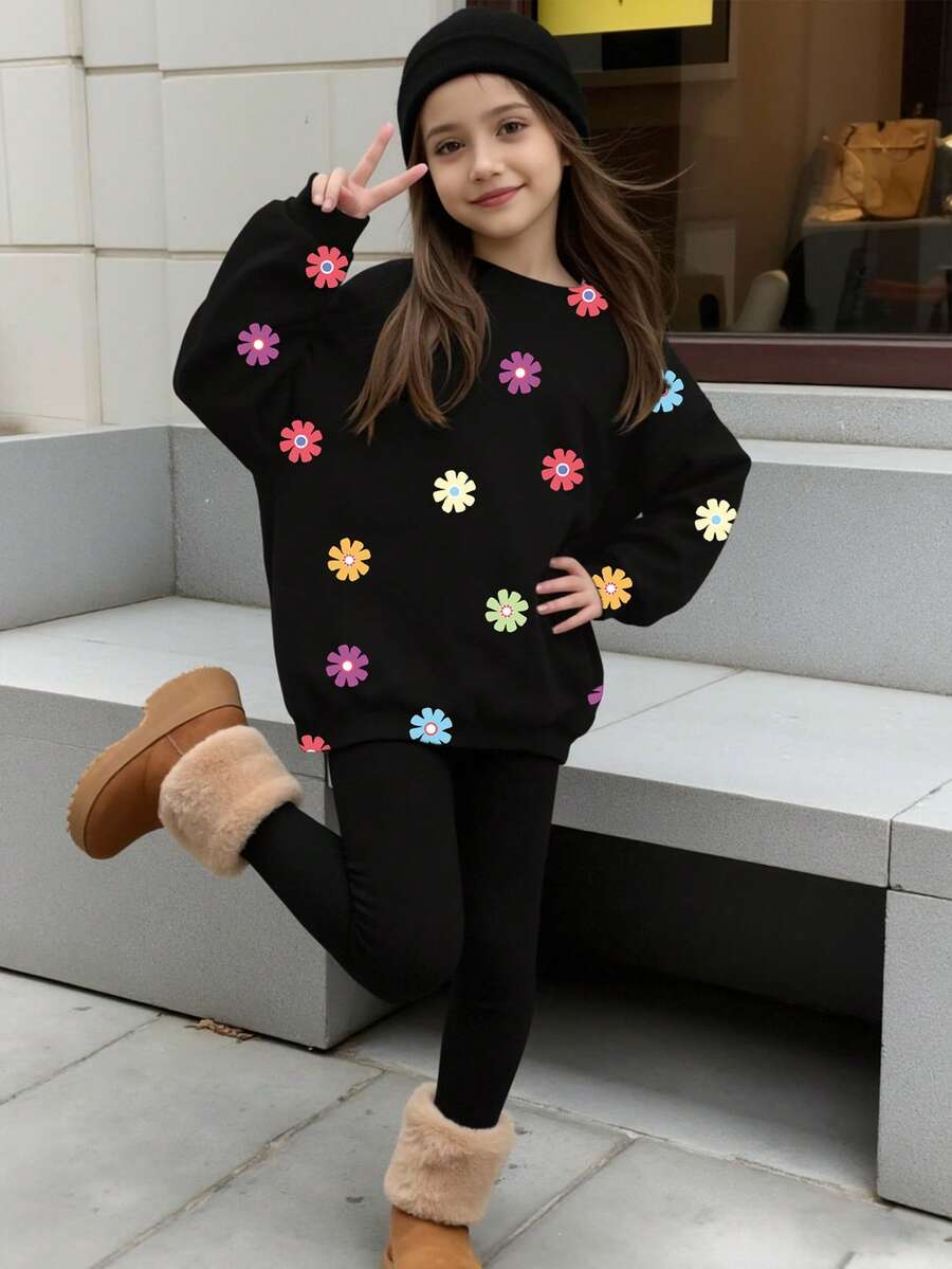 Gemütlicher Herbst & Winter Stil Mädchen Lässig Mode kreative personalisierte frische minimalistische Blume Muster Sweatshirt & Leggings 2-teiliges Outfit, bequemes Outfit - Verschiedenfarbig - Übersicht 1