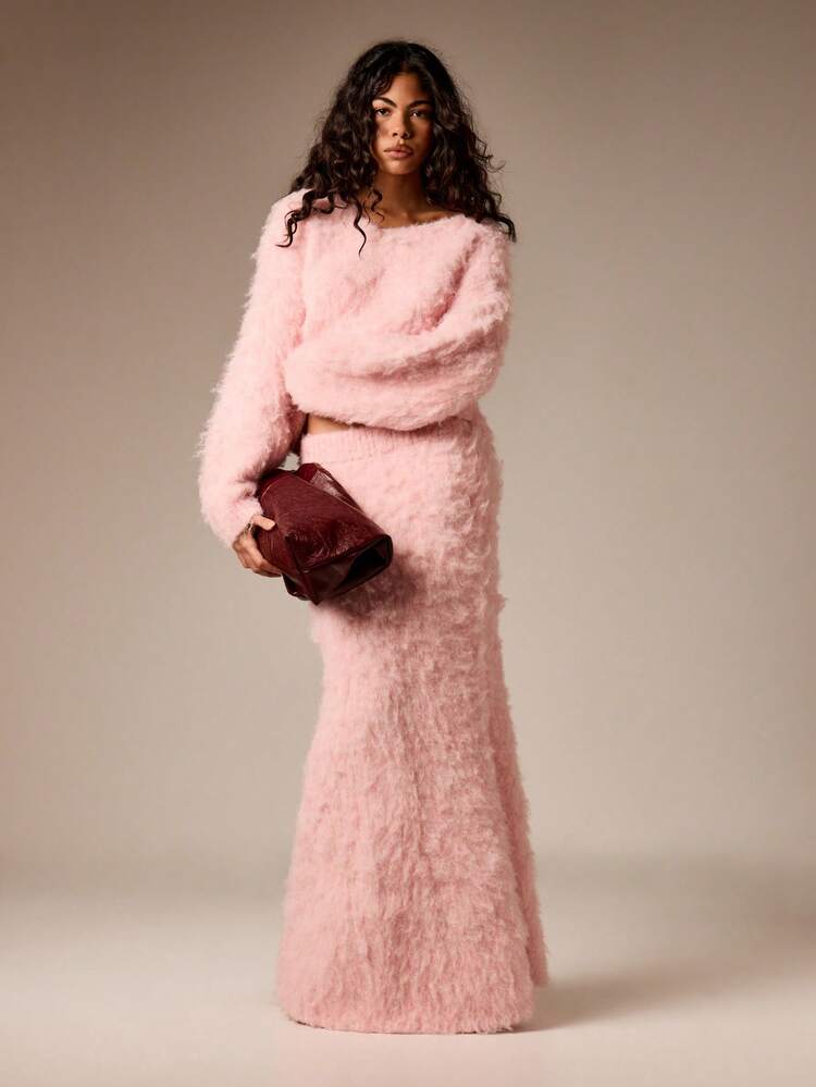 AiiRZ Conjunto de suéter y falda maxi de punto esponjoso y suave, con top corto de manga larga y falda ajustado, para un look cómodo de invierno