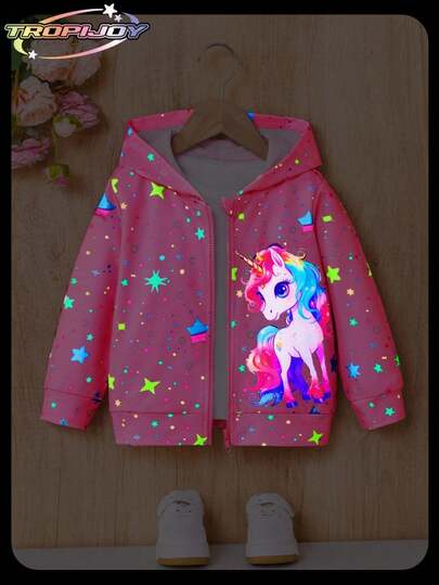 SHEIN Young Girl Unicorn & Star Luminous Graphic Hooded Long Sleeve Jacket, Fashionable Casual Sports Wear For Autumn/Winter Unicorn Jacketkids Jacket For Girls