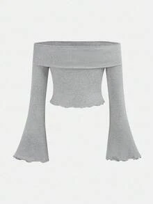 SHEIN Bộ 2 món áo len lệch vai màu xám + quần ống loe cho bé gái tuổi teen, trang phục thường ngày đa năng - Xám - Xem 6