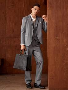 Officeau 男士修身商务休闲三件套西装，含外套、裤子和马甲，适合男士婚礼新郎穿着，高品质专业通勤套装，复古绅士风西装搭配西裤，春夏皆宜。 - 灰色 - 查看 2