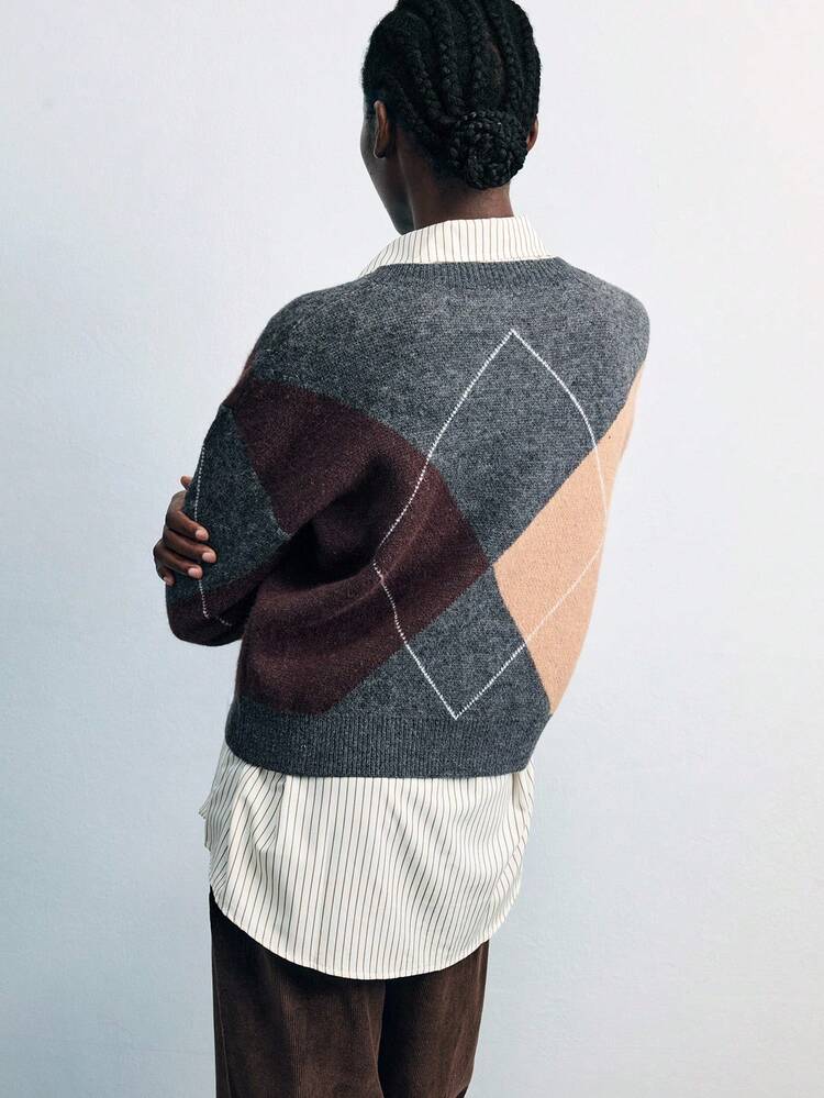 SHEIN Maija Modern Grey Women Sweater,70s Geometric Plaid Art Line V-Neck Loose Casual Soft Fuzzy Autumn Office Back-To-School Outfits Summer Outfits