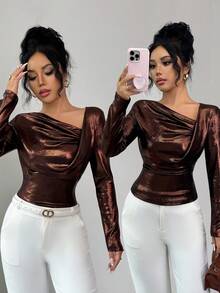 Elenzga Nowa, błyszcząca, elastyczna tkanina damska, skośne ramiona, długi rękaw, asymetryczny, marszczony wzór, wiosna/jesień, wakacje, codzienny, uniwersalny, lśniący, wyszczuplający talię, elegancki T-shirt damski