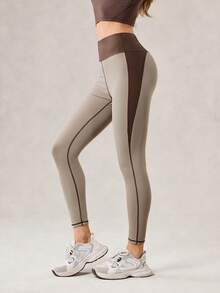 OutZeal 女士吸湿速干收腹后口袋撞色户外紧身裤，秋冬季 - 咖啡棕 - 查看 9