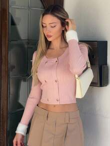 DAZY Women's Elegant Casual Fashion Colorblock Faux Fur Collar Round Neck Knit Sweater With Metal Button Decor, Pink, Autumn/Winter