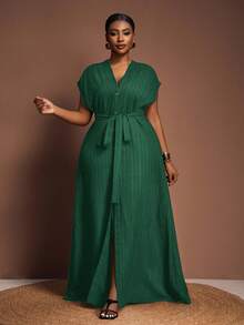 Veslaya 秋冬新品 绿色/百搭休闲简约风沙滩优雅大码荷叶边系带短袖连衣裙 绿色长款连衣裙 女士绿色度假连衣裙，夏季连衣裙 - 墨綠色 - 查看 5