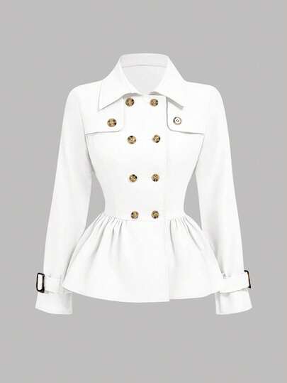 SHEIN MOD Vit trenchcoat med krage, långärmad, åtsnörd midja och utsvängd fåll, mångsidig stil, trenchcoat med åtsnörd midja, paraplyfåll, kakifärgad trenchcoat, trenchcoat för kvinnor, lärarkläder för kvinnor höst/vinter