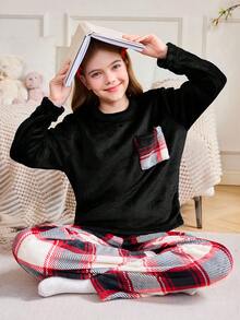 SHEIN 2pcs Girls Flannel Plaid Print Pajama Set, Long Sleeve Top And Pants