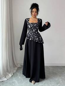 SHEIN Elenzya Elegant Romantic Women's Dress With Square Collar, Waist Cinching, Fabric Patchwork, A-Line Ruffle Hem, Suitable For Halloween, Autumn