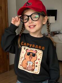 Sudadera de cuello redondo negra para niñas, Colección 2025, Sudadera de manga larga de cuello redondo para niñas de 4 a 7 años para primavera/otoño, Ropa casual elegante y linda para uso diario, vacaciones, escuela, viajes y actividades al aire libre - Negro - Ver 3