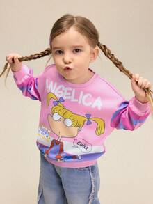 Nick 90s | SHEIN Young Girl Cartoon Striped Patchwork Angelica Print Loose Fit Crew Neck Pullover Sweatshirt, Autumn/Winter - Pink - View 4