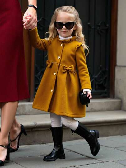 Elladie kids 女童秋冬甜美公主风浅蜜桃色荷叶边领蝴蝶结装饰中长款外套，韩版甜美风羊毛外套，适合日常上学、家庭休闲、节日聚会（如生日派对、新年拜访）等场合，实用又时尚。
