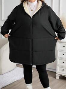 SHEIN CURVE+ 女士加大码带帽加厚长款外套，配腰带，秋冬款