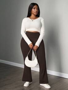 SHEIN PETITE CURVE 大码女式秋冬返校休闲家居服瑜伽舒适户外纯黑色针织松紧腰高腰口袋喇叭裤，带口袋的紧身裤 - 棕色 - 查看 6