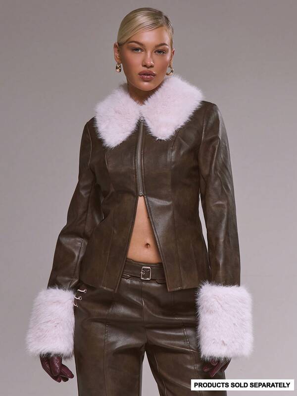 MUSERA PU Fur Contrast Collar Half Zip Jacket Co-Ord Top Only Winter Cute Casual Cosy Cherry Lacquer