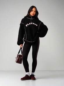 Missguided x Playboy 四分之一拉链泰迪绒卫衣，粉色撞色滚边细节，休闲街头风套头衫 - 黑色 - 查看 3