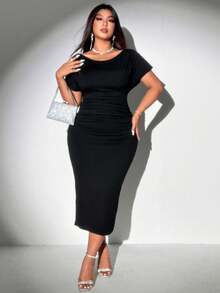 Viva Relle 大码休闲纯色紧身针织连衣裙 - 黑色 - 查看 5