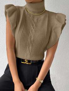 RosyDaze Rompi Sweater Wanita Warna Polos Minimalis untuk Pemakaian Sehari-hari, Lengan Pendek, Kerah Tinggi - Khaki - View 7