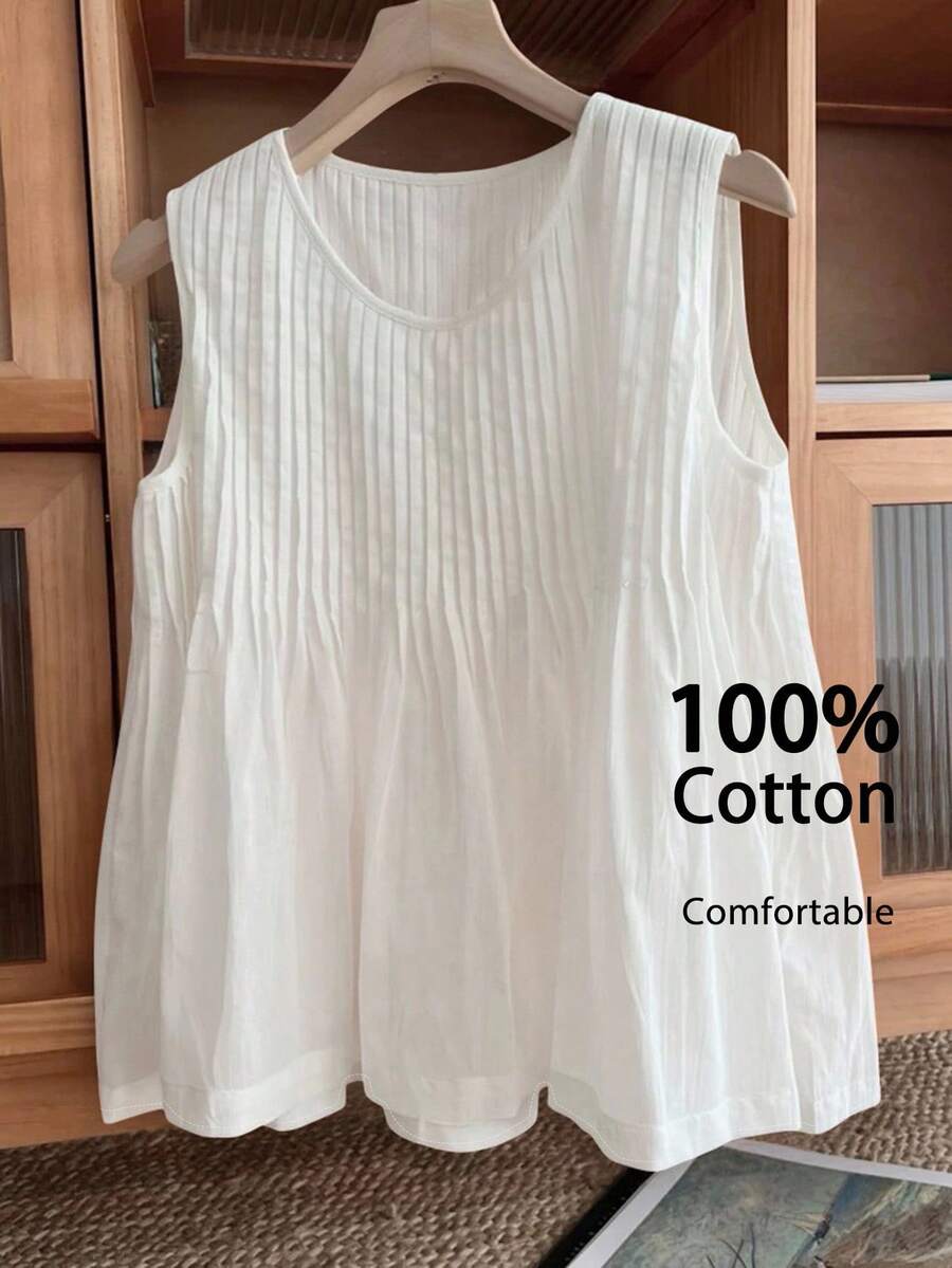 SHEIN LUNE Women Casual Pleated Sleeveless White Cotton Blouse Summer Summer Outfits For Women Going Out Tops Women Cute Shirts Old Money Style Women 100% Cotton Tube Top Vacation Outfits Woman