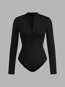 SHEIN EZwear 两件套黑色花卉图案灰色女士拉链高领连体衣套装，休闲长袖 - 彩色 - 查看 11