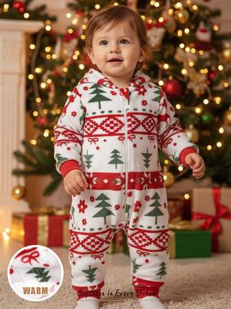 Cozy Pixies Baby Girl Christmas Reindeer & Snowflake Thermal Lined Hooded Long Sleeve Jumpsuit