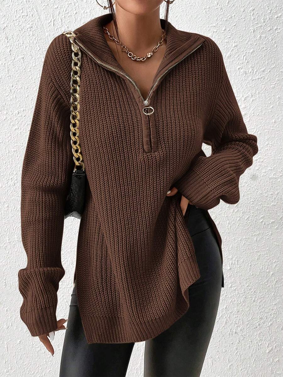 SHEIN Frenchy Half Zip Drop Shoulder Grain Sweater In Fall/Winter Casual,Sweaters For Women Brown - Mocha Brown - View 1