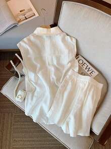 Airaco Women's Knight Print Single-Breasted Pocket Sleeveless Shirt And Shorts Casual 2 Pieces Set