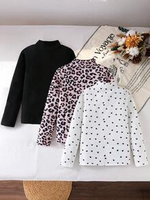 Sparklyn 3pcs/Set Tween Girls Stand Collar Ribbed Long Sleeve T-Shirts, Versatile Layering Tops For Autumn/Winter - Multicolor - View 2