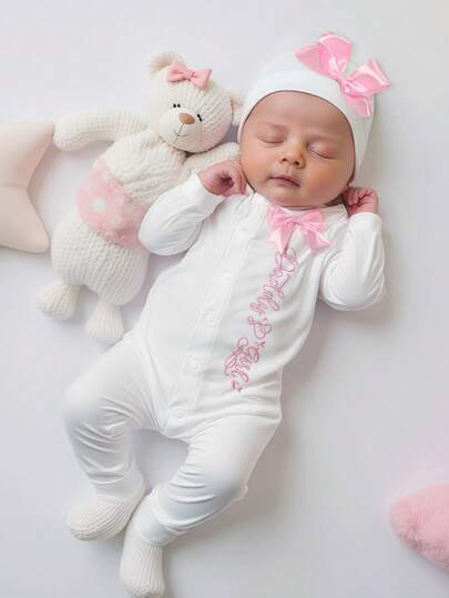 Set de 2 piezas Conjunto de ropa para recién nacidos para salir del hospital Pelele de niña recién nacida con bordado y sombrero con lazo de cinta