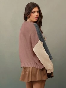 WESTFADE 混色针织圆领长袖套头毛衣，休闲、可爱、适合秋季、冬季、波西米亚风、西部风情，适合女性穿着，也适合乡村音乐会、万圣节、感恩节等场合。 - 粉色 - 查看 2