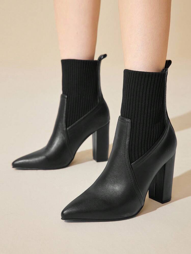 CUCCOO BASICS Women's Pointed Toe Chunky Heel Black Boots, Fashion Elegant Commute All-Match Versatile Knit Mid-Calf Short Booties For Christmas