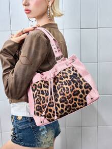 ROMWE Grunge Punk Pink Leopard Print Patchwork Tote Bag With Adjustable Drawstring, Y2K Large Shoulder Bag For Teens - leopard print - View 1