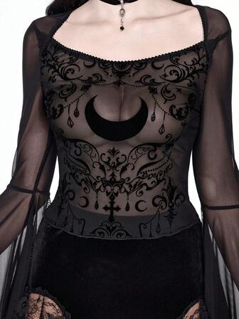 Goth Dark Vintage Palace Vine & Moon Pattern Flocked Sheer Mesh Blouse For Women
