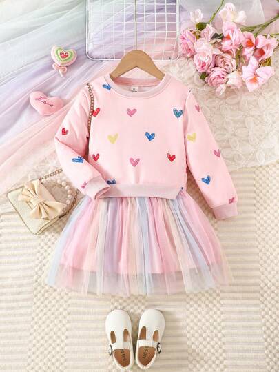 SHEIN Glamorique Kids 女童休闲独角兽印花网纱拼接长袖连衣裙，秋季款