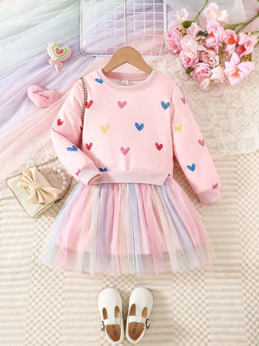 SHEIN Glamorique Kids 女童休闲独角兽印花网纱拼接长袖连衣裙，秋季款