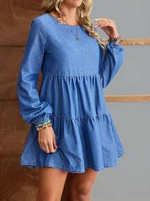 EMERY ROSE Women's Round Neck Lantern Sleeve Casual Denim Dress With Button Back Design And Ruffle Hem - Blue - View 9
