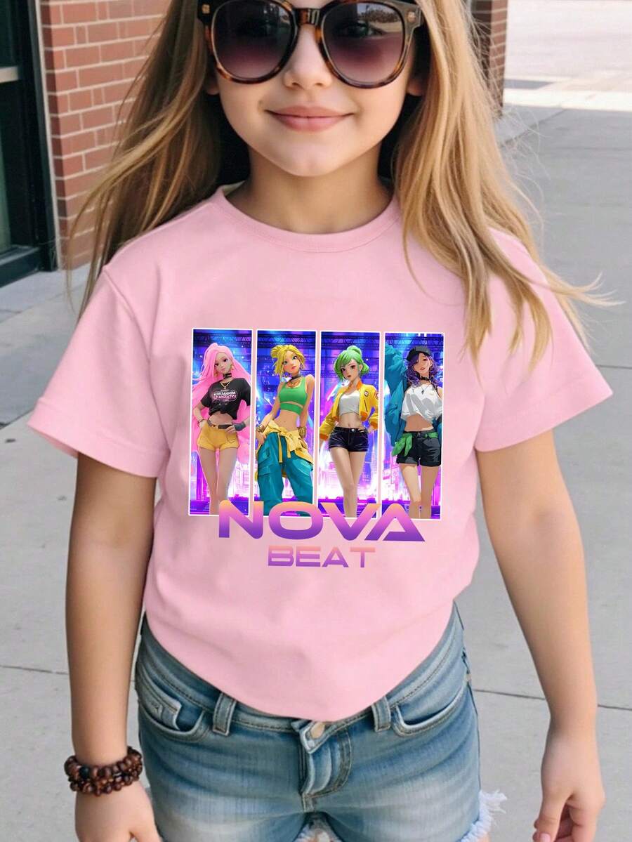 Camiseta casual de manga corta con cuello redondo y estampado de letras y figuras para niña - Rosa - Ver 1