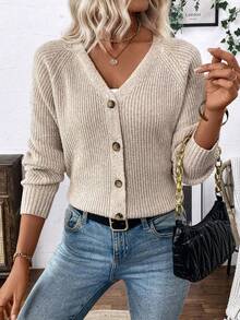 SHEIN Versatile V-Neck Cardigan Sweater, Loose Casual Minimalist Open Front Knit Jacket For Women - Champagne - View 6